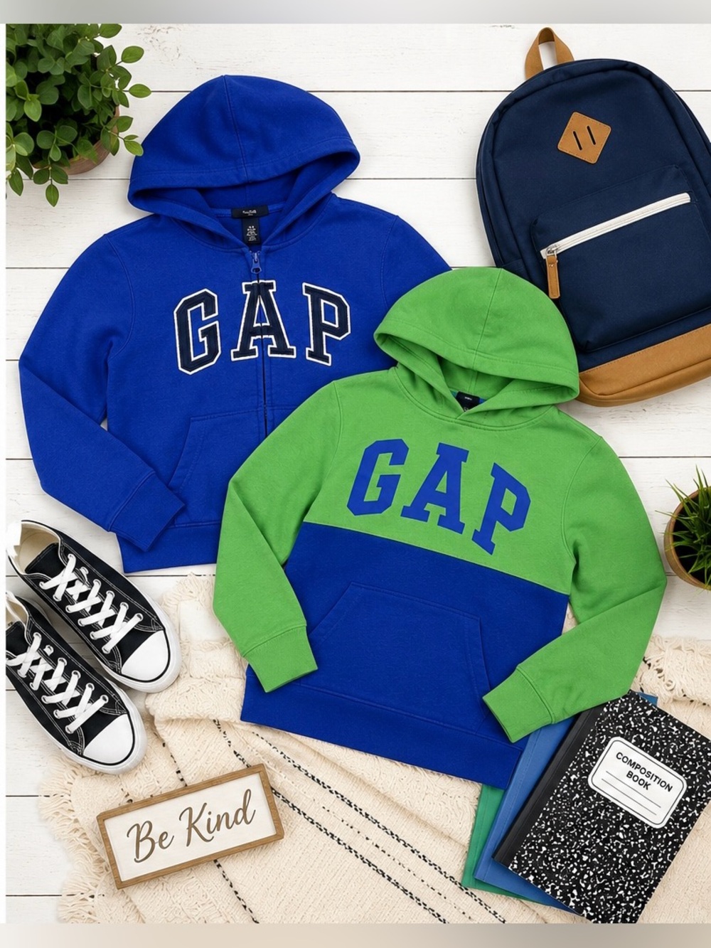 Gap Kids Hoodie Bundle Youth Medium Blue Green Logo Sweatshirts 2 Pack
